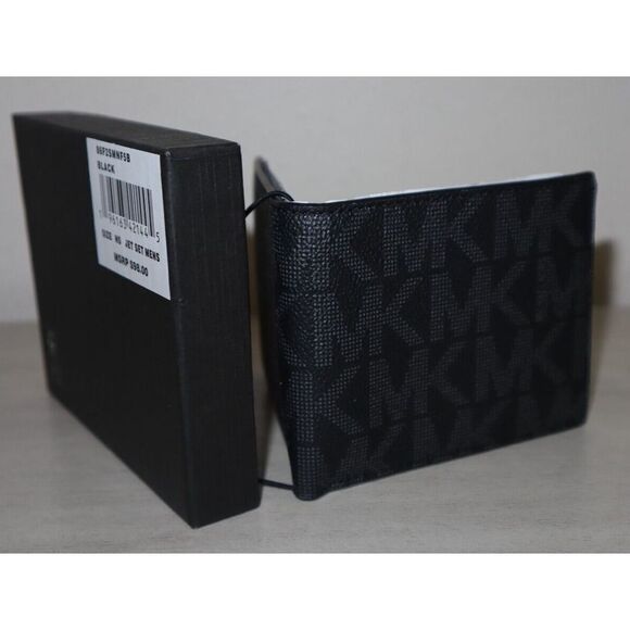 Michael Kors 86F2SMNF5B Mens Jet Set Black Logo Slim Billfold Leather Wallet $98 - Picture 7 of 8